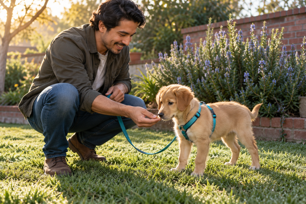 Training a puppy to pee outside: an owner rewards a leashed puppy at its grass potty spot
