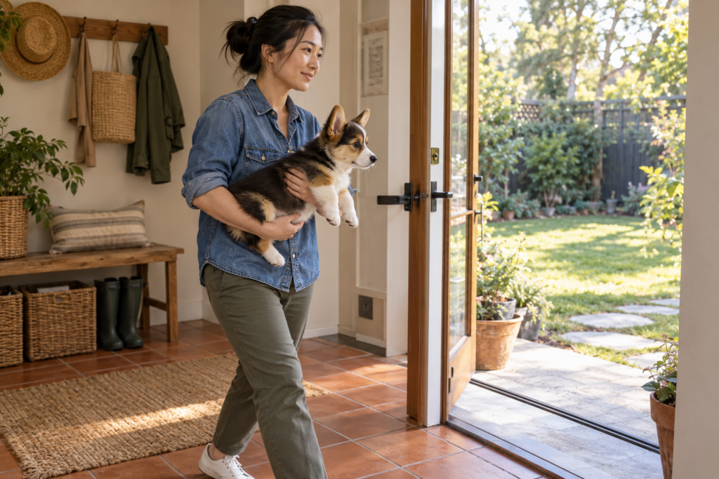 To stop puppy peeing in the house, an owner calmly carries her Corgi outside with its chest and hindquarters supported