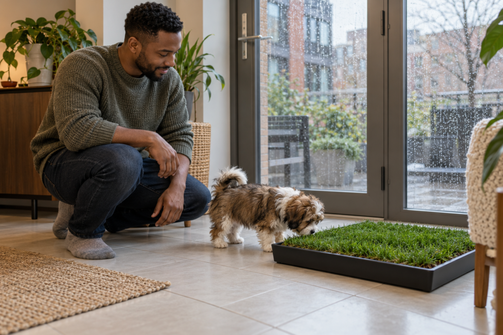 Indoor dog potty setup with a Havanese puppy exploring a grass tray while its owner supervises