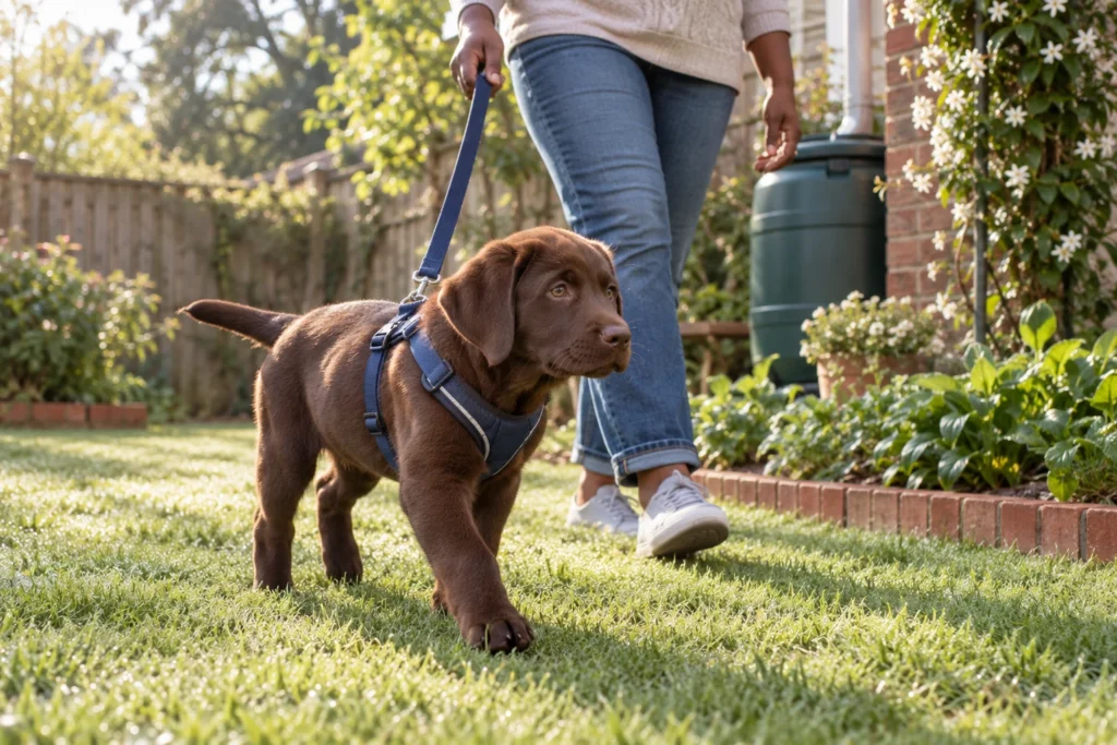 Potty training a Lab puppy: a chocolate Labrador walks with its owner on a leash toward a backyard grass spot