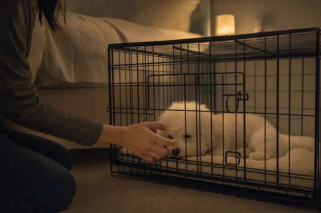 Owner kneeling by a wire crate at night and stroking a Bichon Frise puppy through the bars to settle a puppy crying in the crate