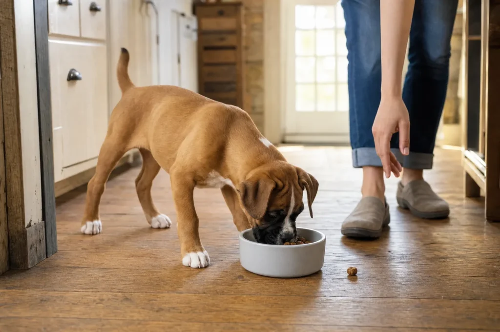 Boxer puppy eating from her bowl while her owner walks past and a bonus treat lands nearby, a walk-by game to prevent food aggression in puppies