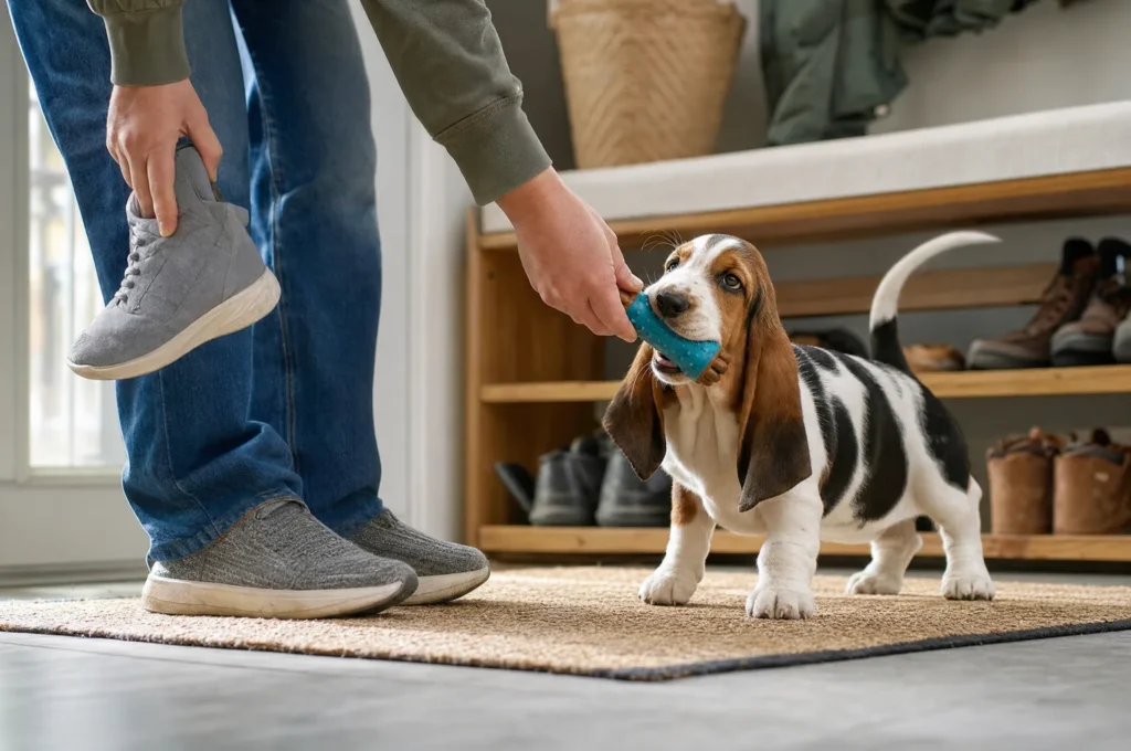 Basset Hound puppy taking a rubber chew toy while her owner lifts a sneaker out of reach, a simple swap for puppy chewing