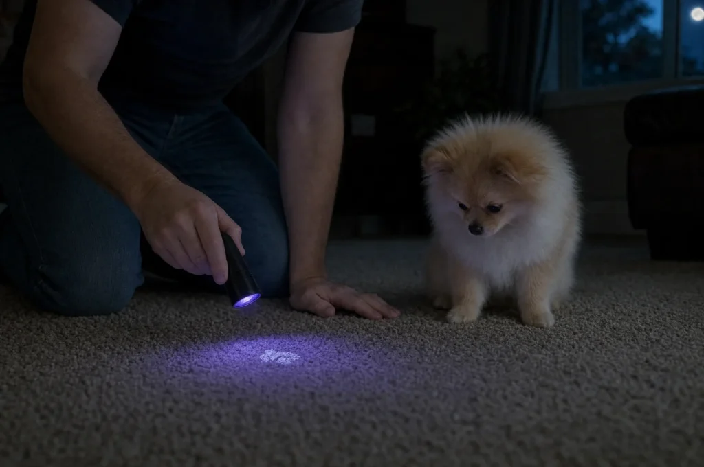 Owner shining a small black light on the carpet at night to find dried dog pee before using a carpet cleaner, while a Pomeranian puppy watches