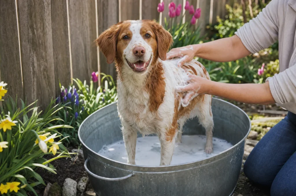 Brittany Spaniel getting a sudsy bath in a metal tub in the garden, the first step to get rid of dog smell in the house
