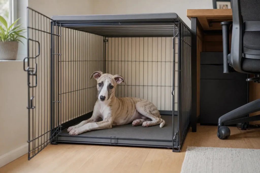 Whippet puppy resting on a flat crate pad fitted inside an open wire crate