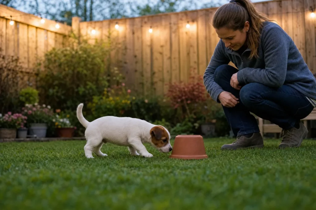 Jack Russell Terrier puppy sniffing out a treat hidden under a flower pot, a calm brain game for puppy zoomies, while her owner crouches nearby