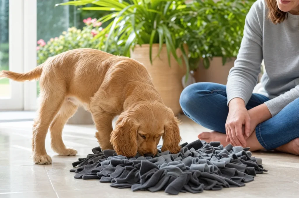 Cocker Spaniel puppy sniffing for kibble in a fleece snuffle mat for dogs while her owner sits beside her