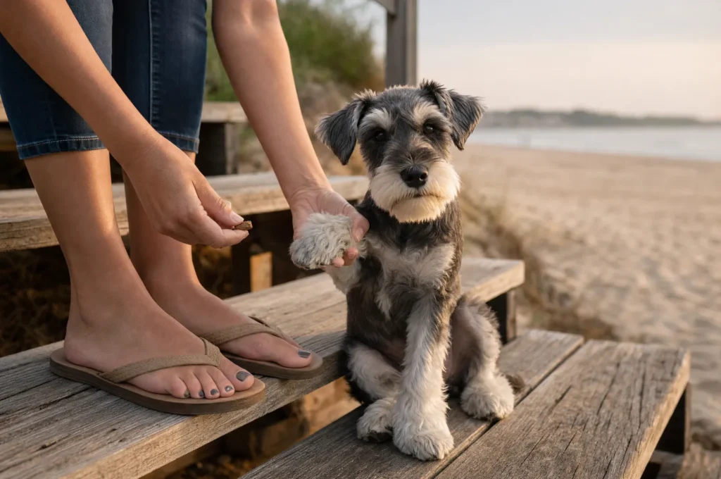 Miniature Schnauzer puppy calmly letting her owner hold a front paw for a treat, gentle handling practice for a puppy chewing paws