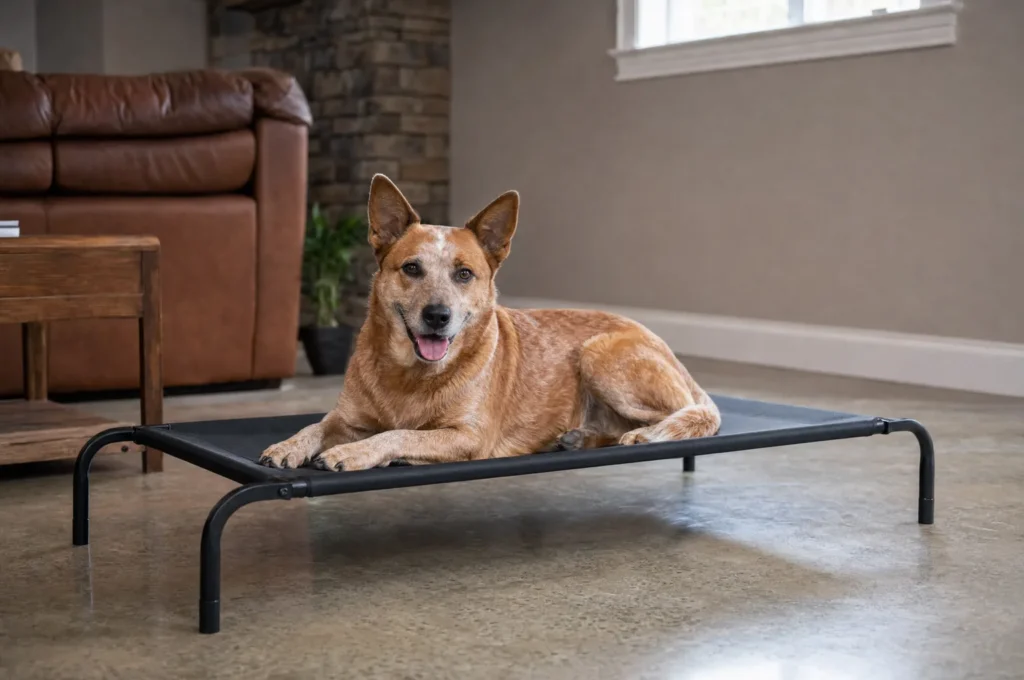 Australian Cattle Dog resting on a raised metal-frame dog bed with no loose stuffing