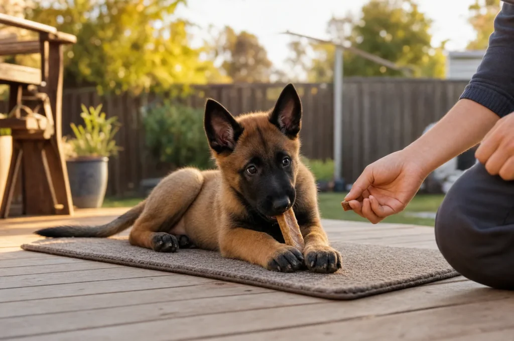 Belgian Malinois puppy training on a mat: she lies down with a chew while her owner offers a treat on a backyard deck