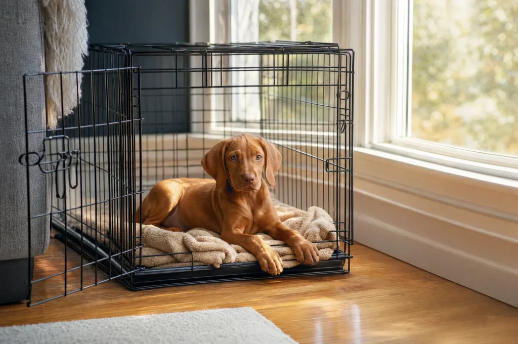 Vizsla puppy lying on a soft blanket in a black wire crate with the door open beside a sunny window
