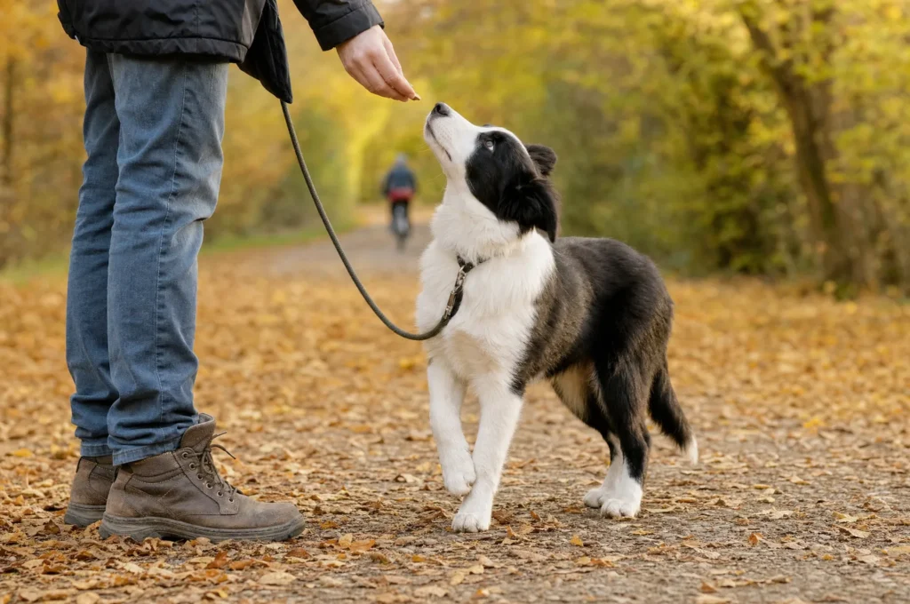 Border collie puppy training on a leaf-covered path: the leashed puppy looks up for a treat while a cyclist passes far behind