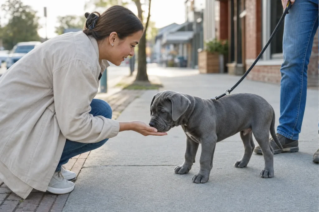 Cane Corso puppy training on a sidewalk: a gray puppy on a leash sniffs a crouching stranger’s hand holding a treat