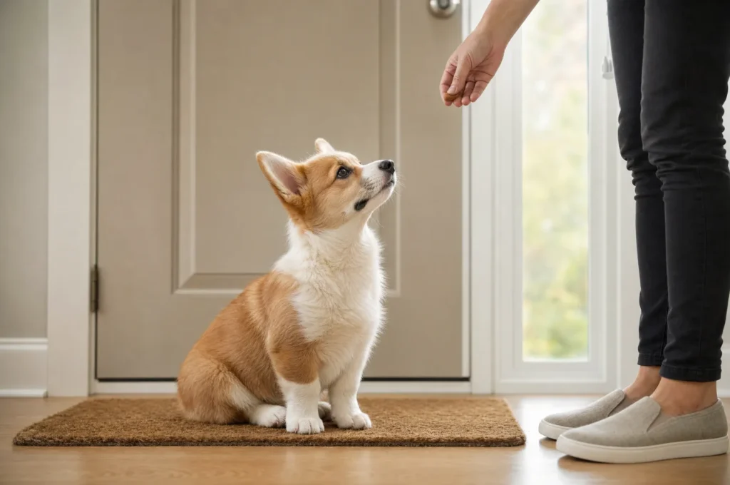 Corgi puppy training at the front door: the puppy sits on the doormat and looks up at her owner’s treat