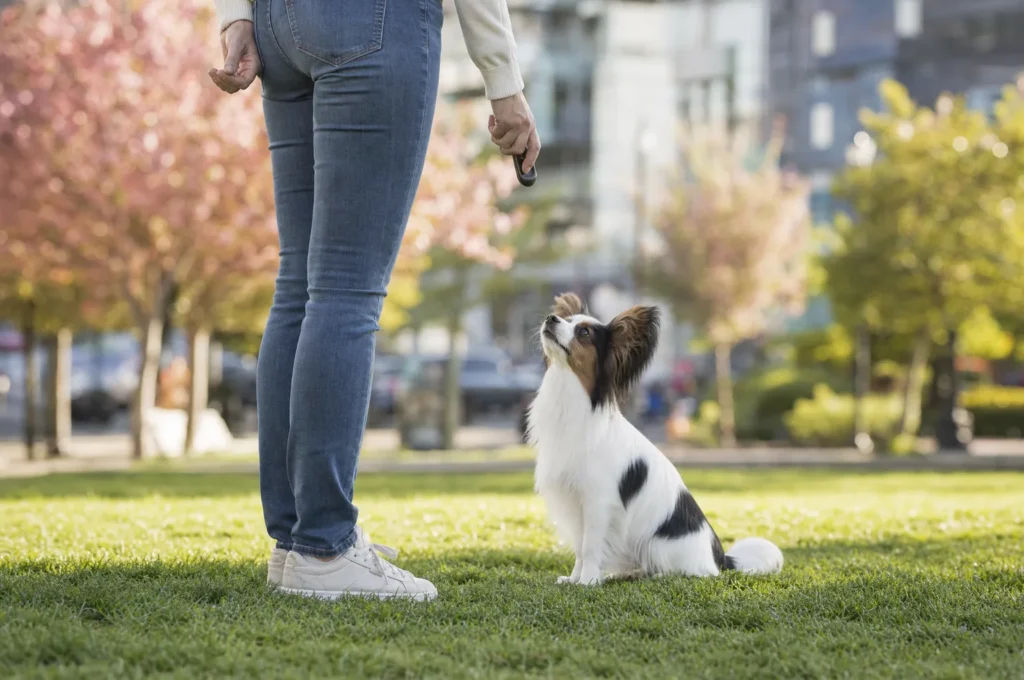 Papillon puppy sitting on park grass and looking up at an owner who holds a dog training clicker
