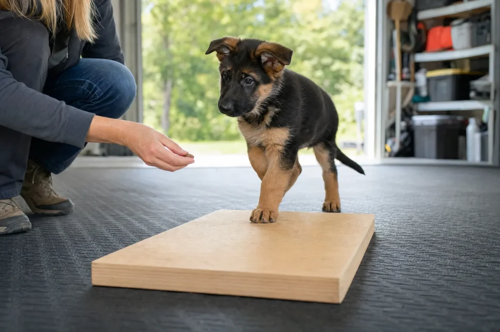 German Shepherd puppy training in a garage: the puppy steps onto a low wooden board as her owner offers a treat