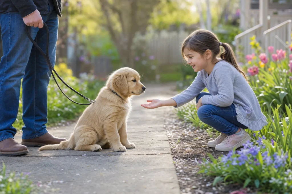 Golden retriever puppy training on a garden path: the leashed puppy sits while a girl gently offers her hand