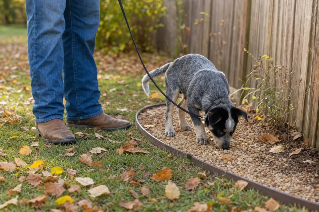 Blue heeler puppy on a leash sniffs a pea gravel potty corner with metal edging by a wooden fence, autumn leaves on the lawn, owner standing still beside her