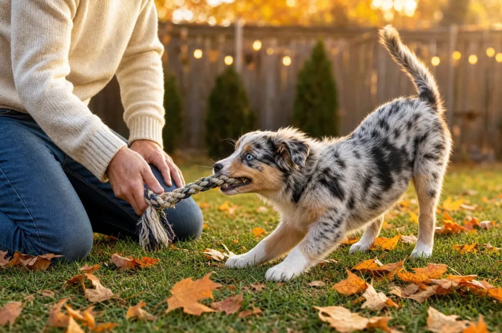 An Australian Shepherd puppy tugs a braided rope toy held low by her owner on autumn grass, her teeth on the toy instead of his hands