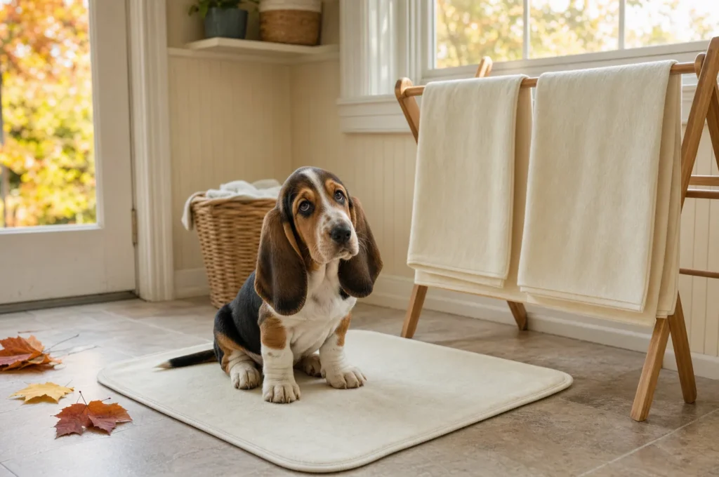 Basset Hound puppy sits on a clean washable pee pad in a sunny laundry nook while two folded pads dry on a wooden rack