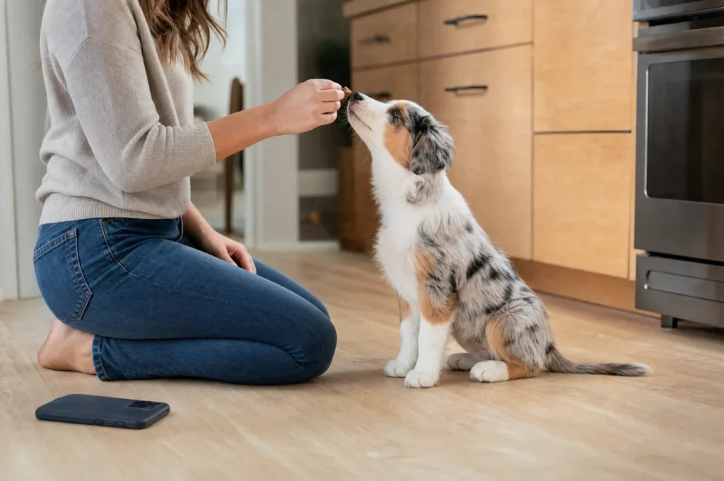 An Australian Shepherd puppy sits for a treat on a kitchen floor during a short training session, with the owner’s phone set aside