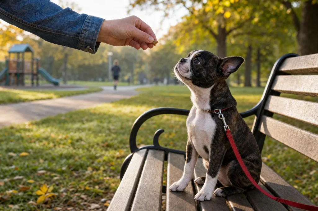 A Boston Terrier puppy on a red leash sits on a park bench and takes a treat from her owner's hand, the playground far behind