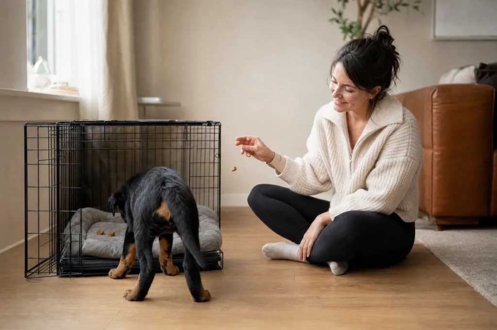 A Rottweiler puppy walks into an open wire crate with a bed and treats inside while her owner sits on the floor beside it and tosses a treat in
