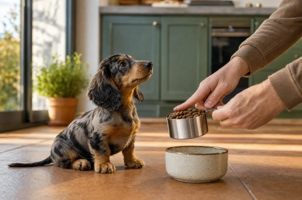 A long-haired dachshund puppy waits beside a ceramic bowl while an owner levels a measuring cup of kibble over it