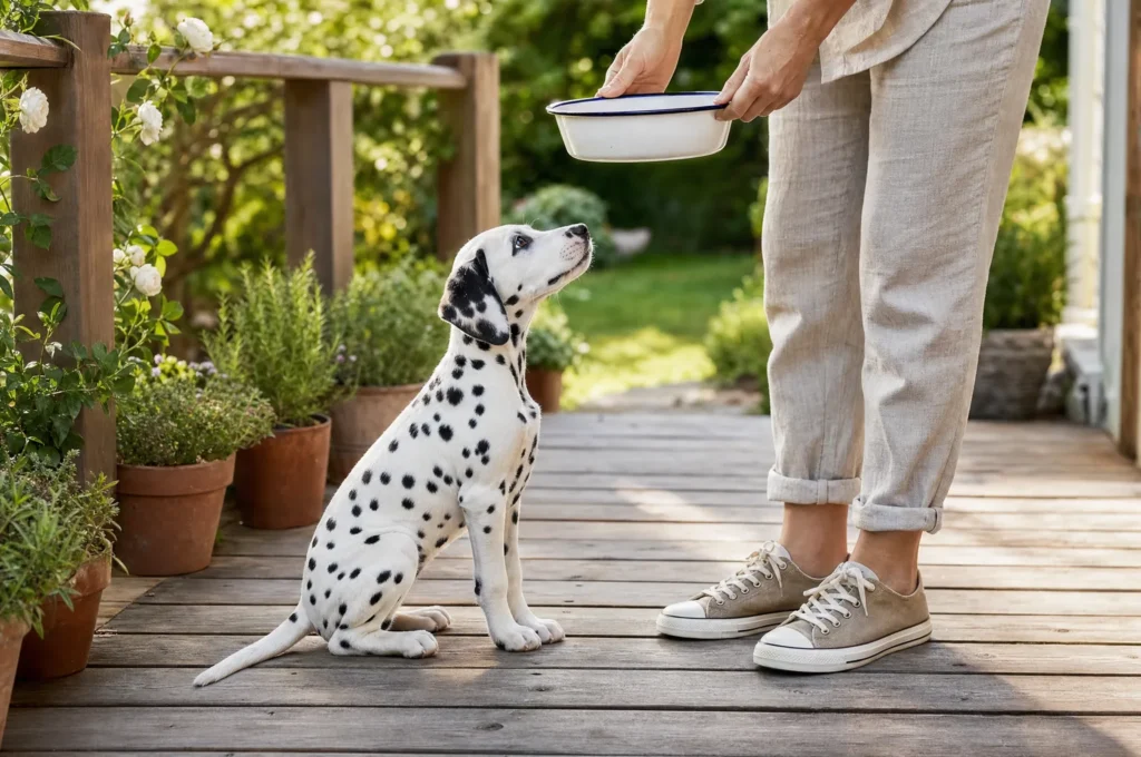 A Dalmatian puppy sits on a sunny back porch, looking up at her owner, who holds her food bowl at waist height before setting it down