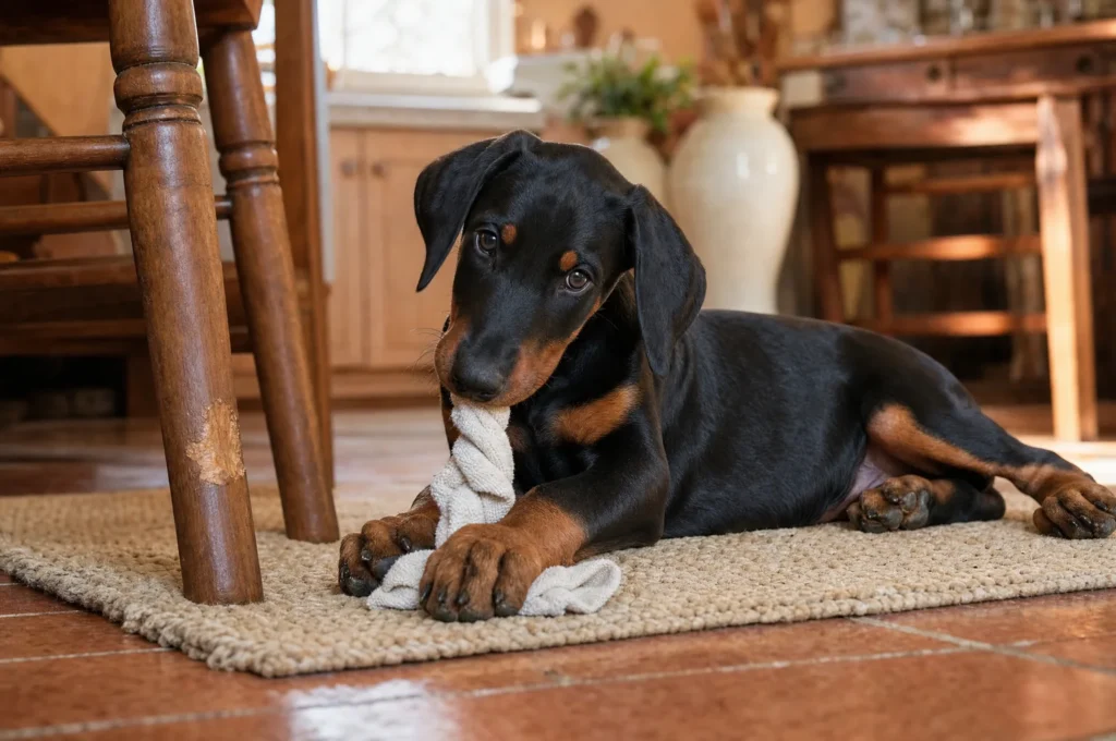 Doberman puppy lies on a kitchen mat chewing a twisted washcloth, a homemade stand-in for teething puppy chew toys, with tooth marks on the wooden chair leg beside her