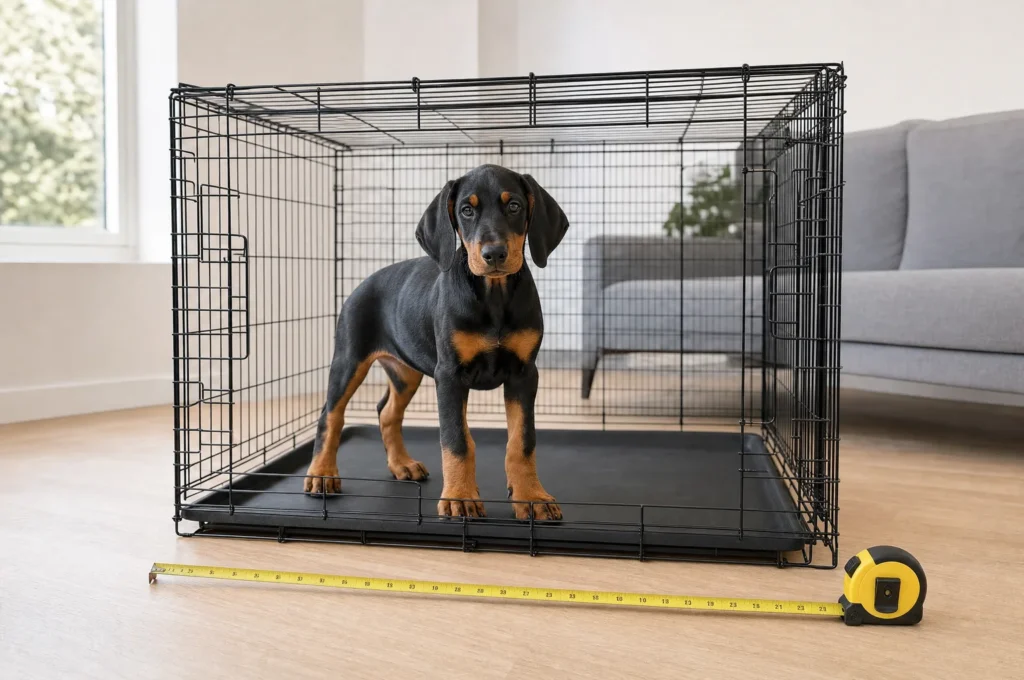 A Doberman puppy stands in a large black wire crate with a measuring tape laid out on the wood floor in front of it