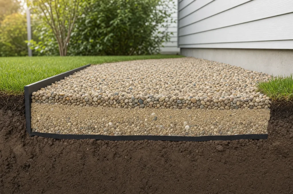 Cutaway of a backyard dog potty area: soil at the bottom, a black weed cloth line, a sand and drainage rock layer, pea gravel on top, held in by black edging next to the house