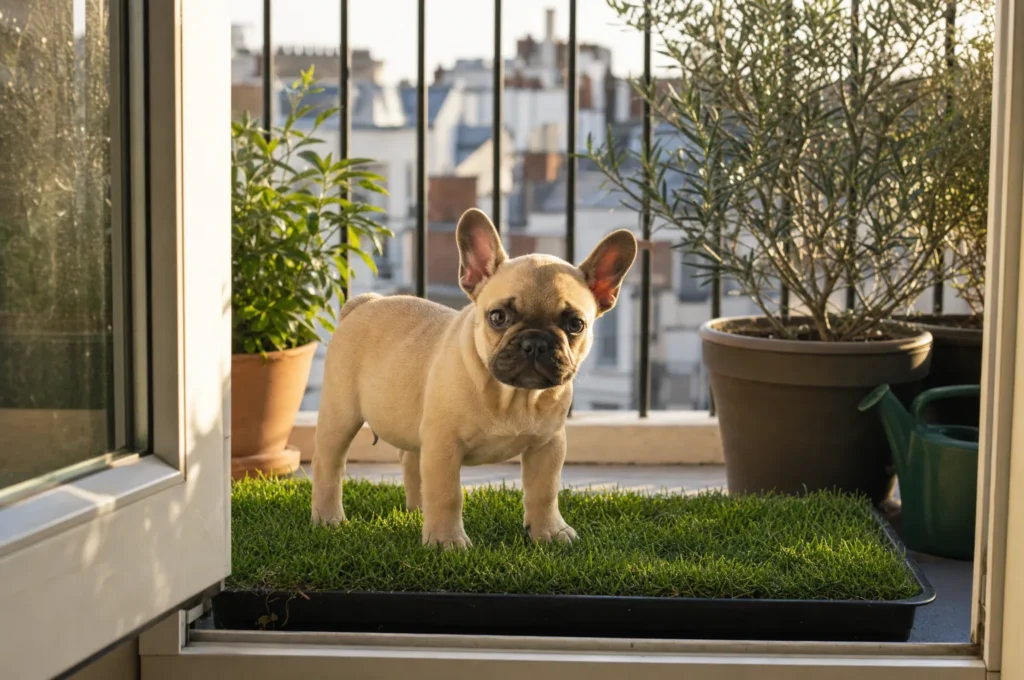 French Bulldog puppy stands on a real grass patch in a tray beside the open door of a city apartment balcony at golden hour