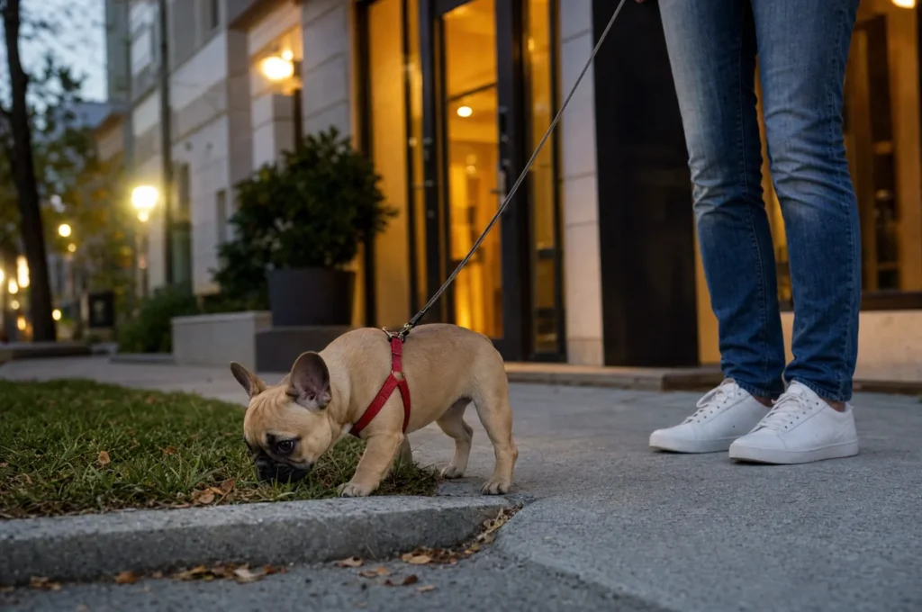 A French Bulldog puppy in a red harness sniffs a strip of curbside grass outside an apartment building at dusk, her owner shown from the knees down