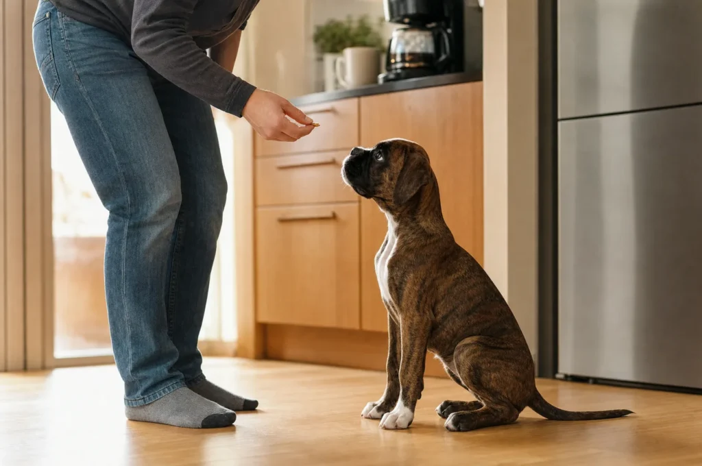 A brindle boxer puppy sits on a kitchen floor for a treat during a short practice session while coffee brews
