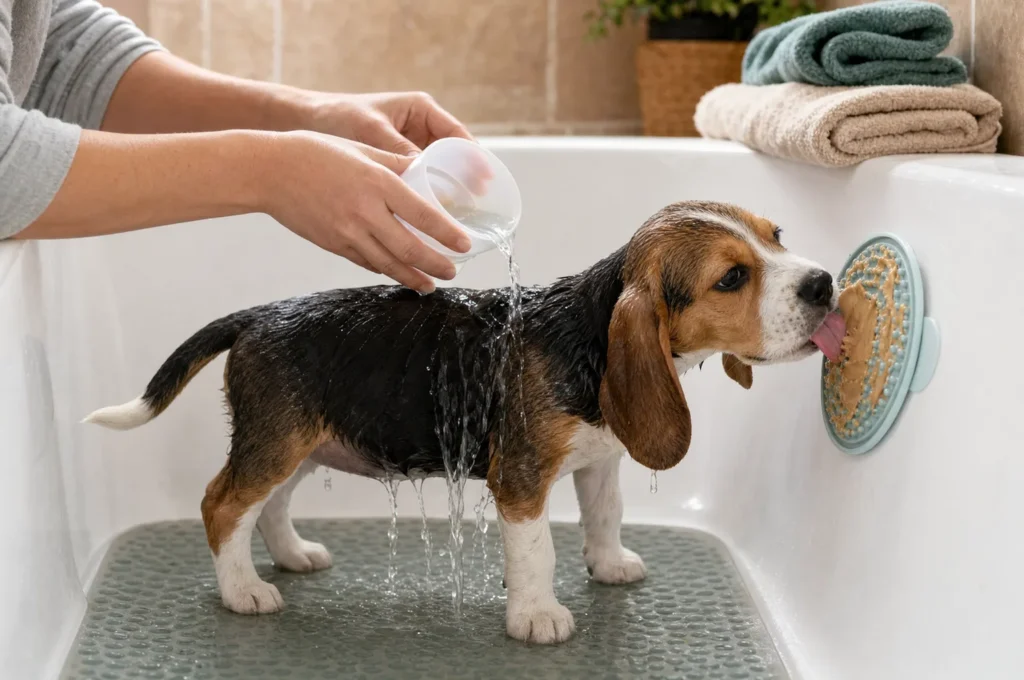 A beagle puppy stands on a rubber non-slip mat in the tub, licking a lick mat on the wall while an owner rinses her with a cup of water
