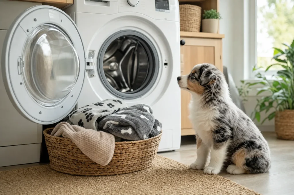 A front-load washer with its door propped open to dry after a cleaning cycle, beside a basket of dog blankets and a merle Australian Shepherd puppy