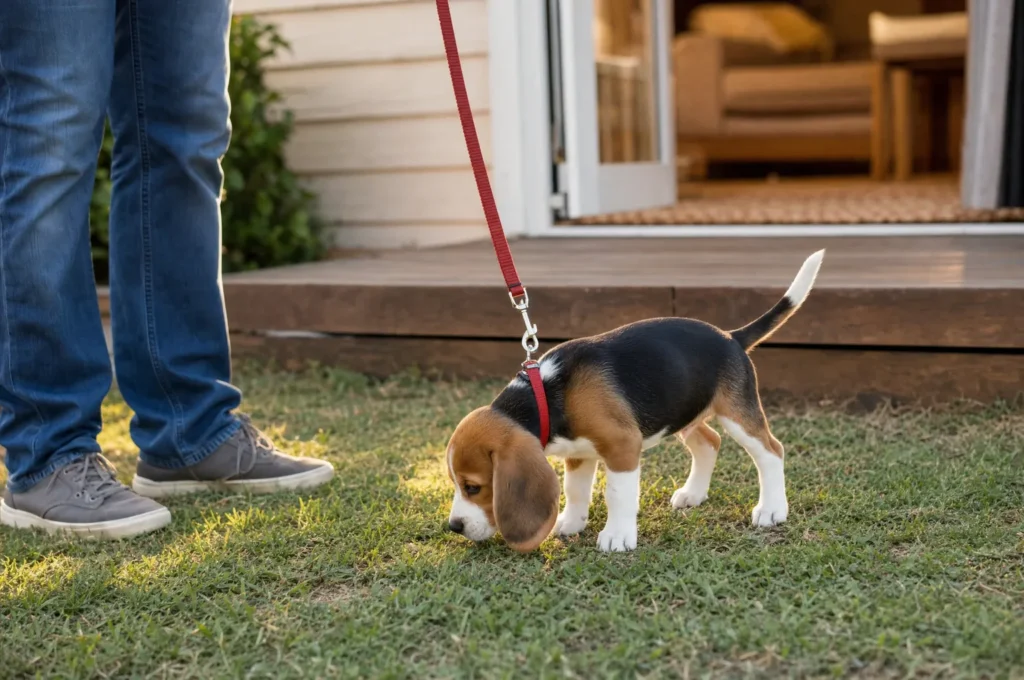 A beagle puppy on a red leash sniffs her potty spot a few steps from the open back door while her owner stands still beside her