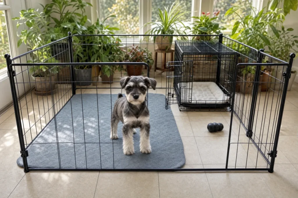 A Miniature Schnauzer puppy stands on a gray mat inside an exercise pen in a sunny sunroom, an open wire crate in one corner and a chew toy nearby