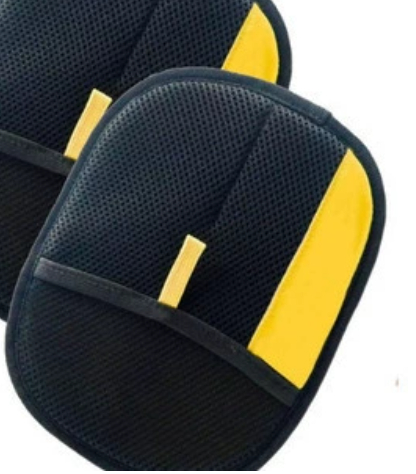 Two black mesh pet hair mitts with yellow bands, front view