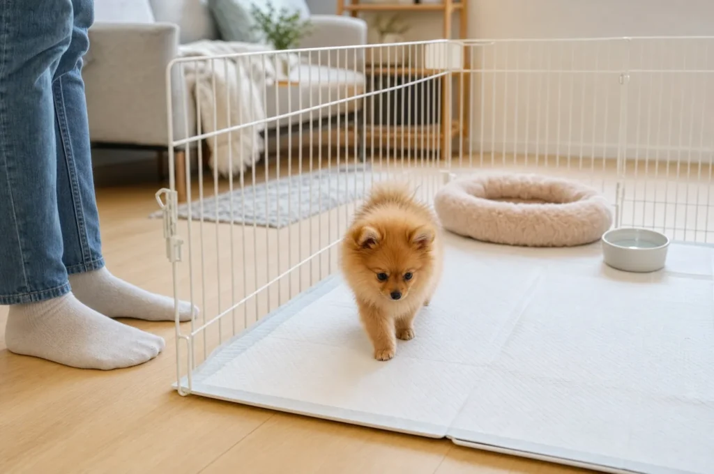 Pomeranian puppy on large pee pads that cover her whole play pen floor, with her bed and water bowl sitting on the pads too