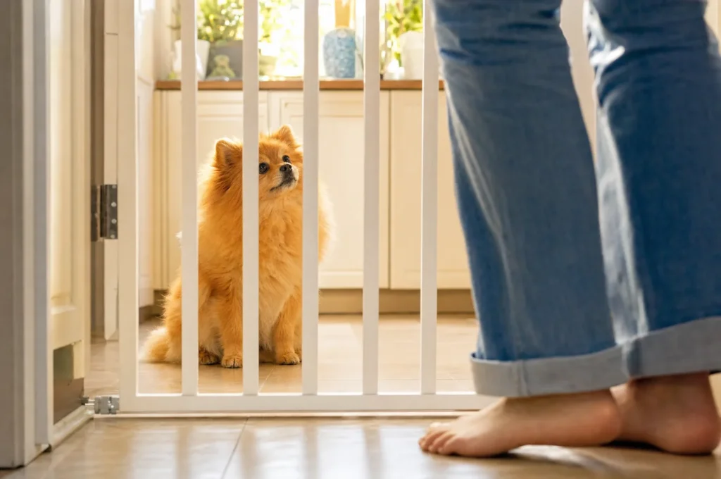 A Pomeranian puppy sits quietly behind a white baby gate in a sunny kitchen while her owner's bare feet stand nearby