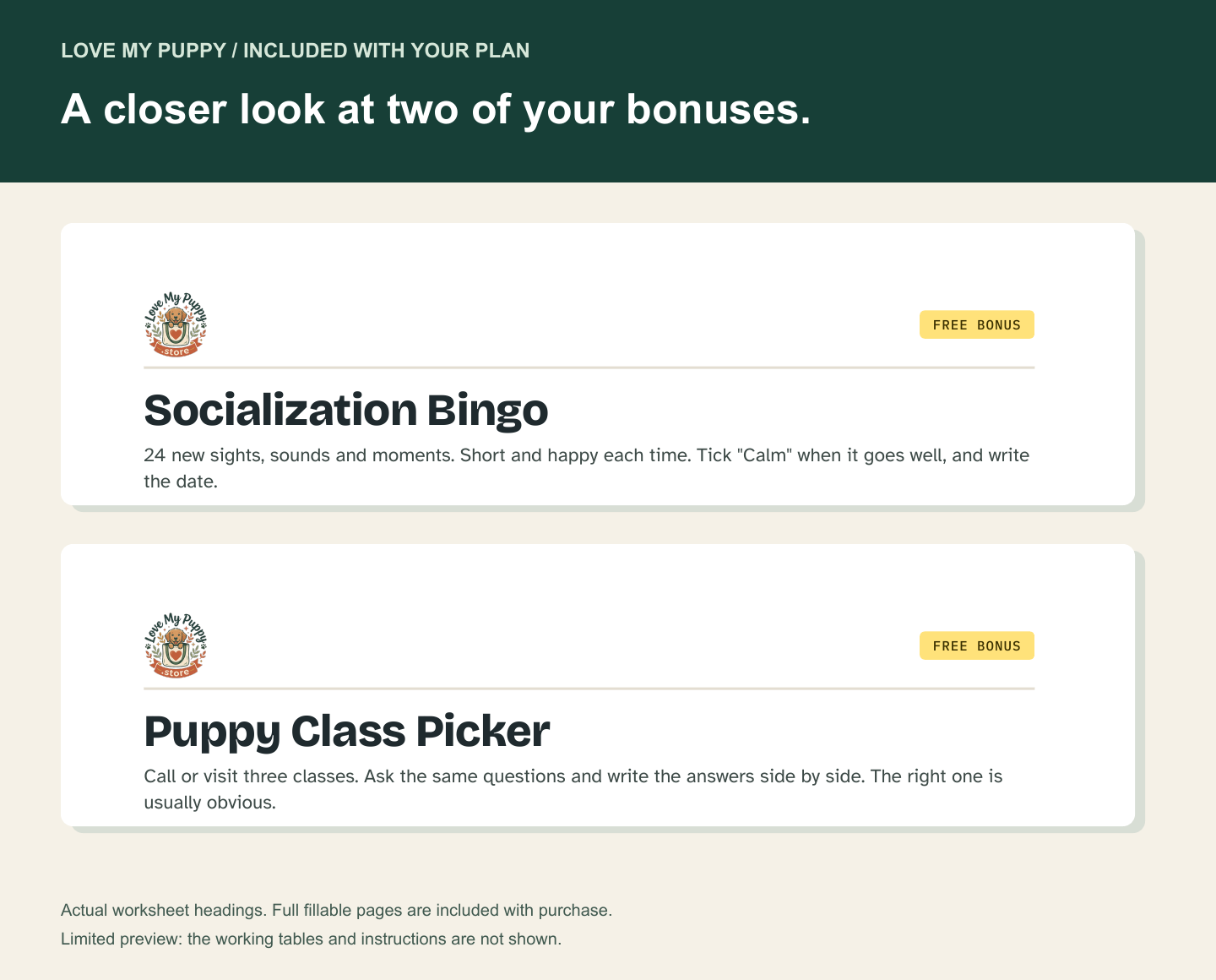 Actual Socialization Bingo and Puppy Class Picker headings; working tables are not shown