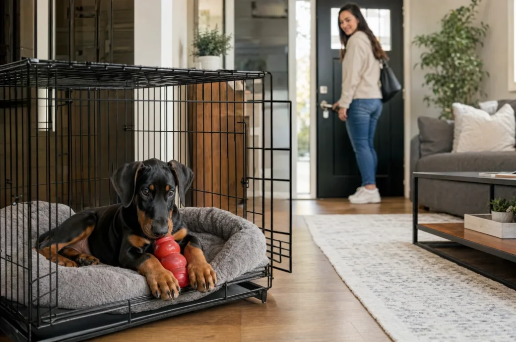 Doberman puppy chewing a stuffed food toy in an open wire crate while her owner heads out the front door