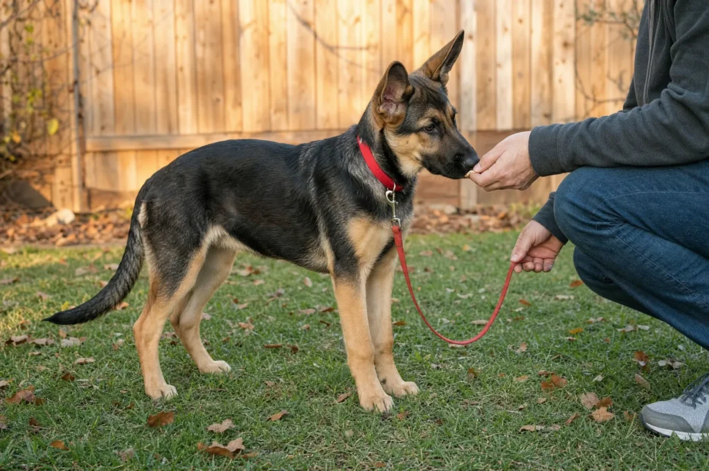 Six-month-old shepherd mix rescue puppy on a red collar and leash, taking a treat from her owner at her backyard potty spot