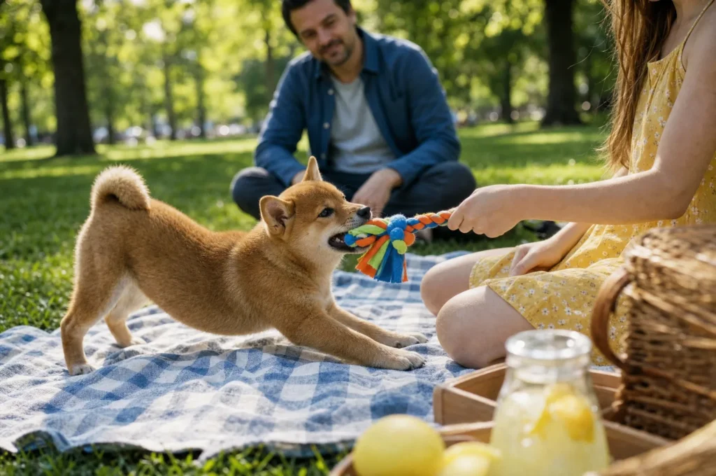 A Shiba Inu puppy with a loose, wiggly body tugs a fleece toy held at arm's length on a picnic blanket in the park