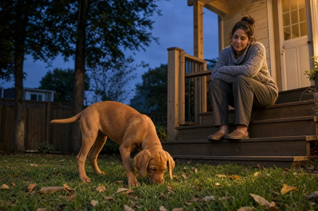A Vizsla puppy sniffs the lawn at dusk while her owner sits on wooden back porch steps under a warm porch light, watching her
