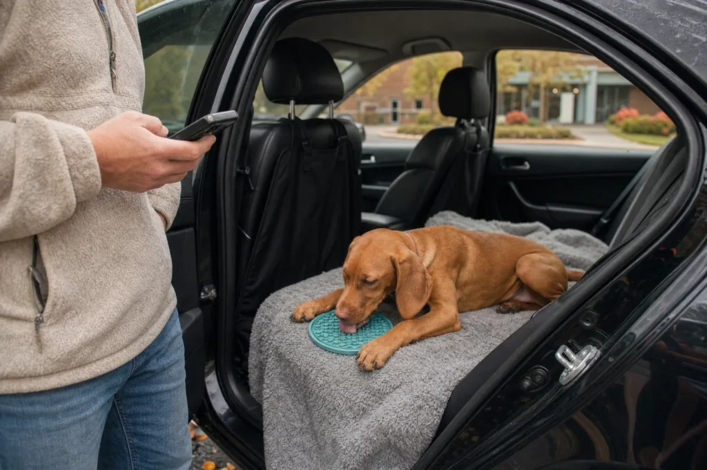 A Vizsla puppy licks a lick mat on a blanket in a car's back seat while her owner waits by the open door outside the vet