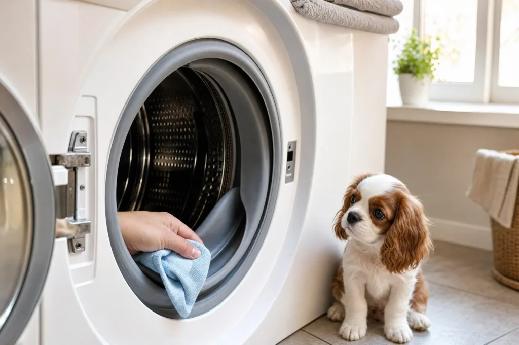 A hand wipes inside the rubber door seal of a front-load washer with a blue cloth while a Cavalier King Charles Spaniel puppy watches